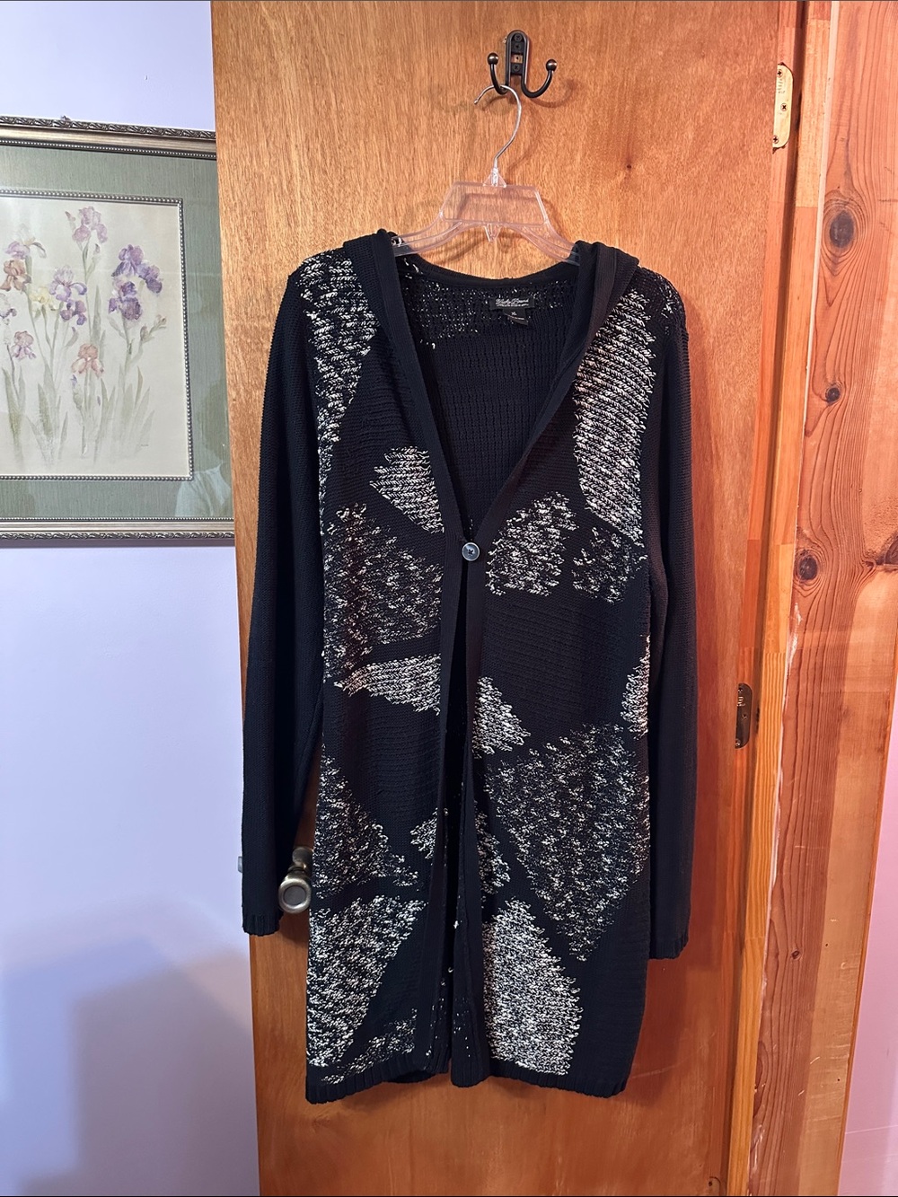 Lucky Brand Black Hooded Long Cardigan with Silver Contrast
